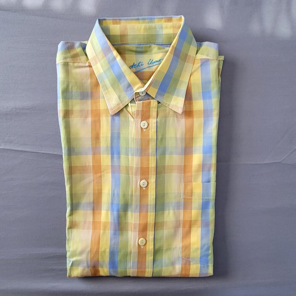 Mens Bugatchi Uomo Shirt Size Large Button Front Yellow Multi Contrast